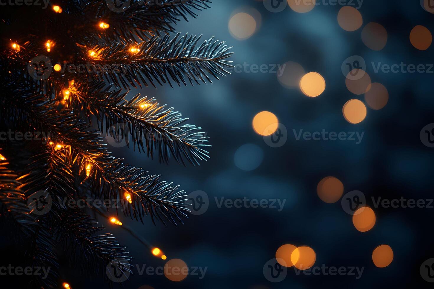 Christmas Holiday Theme with Illuminated Evergreen Branches and Golden Bokeh photo
