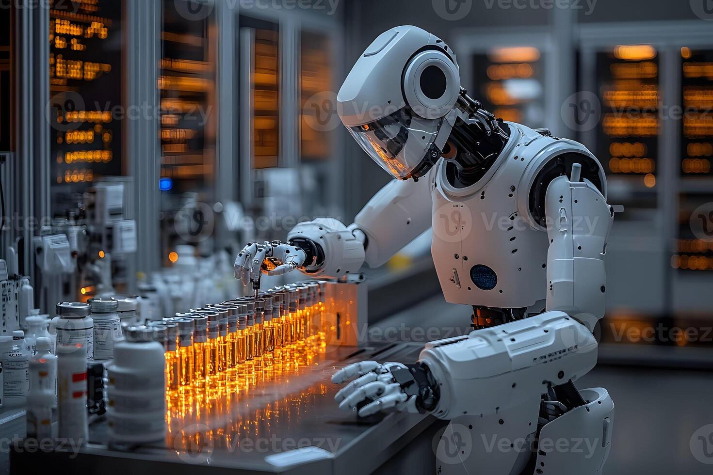 Futuristic Robotics in Laboratory Setting Advanced AI Technology in Scientific Research photo