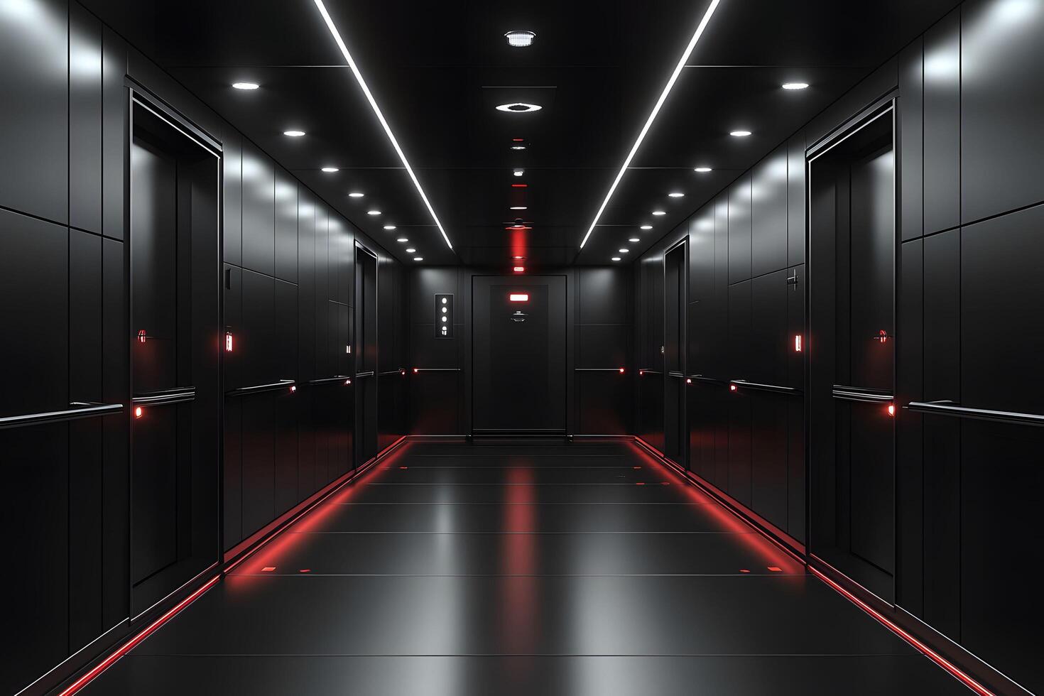 Futuristic Corridor with Dark Aesthetic and Neon Lighting for Modern Architectural Design photo