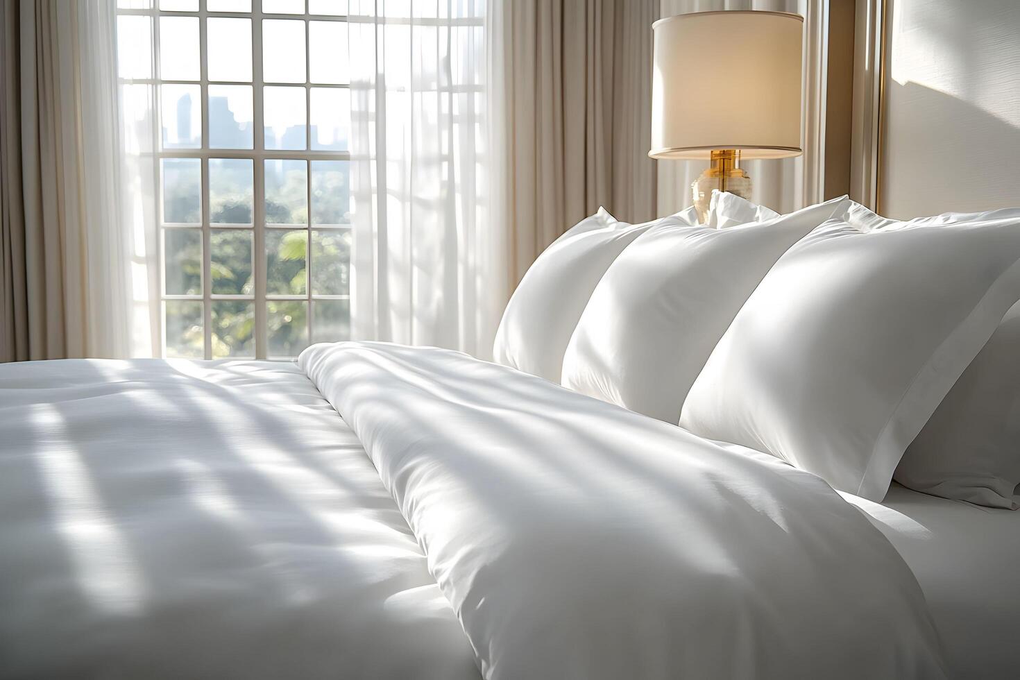 Luxury Hotel Bedroom with Sunlit Bedding and City View for Relaxation photo
