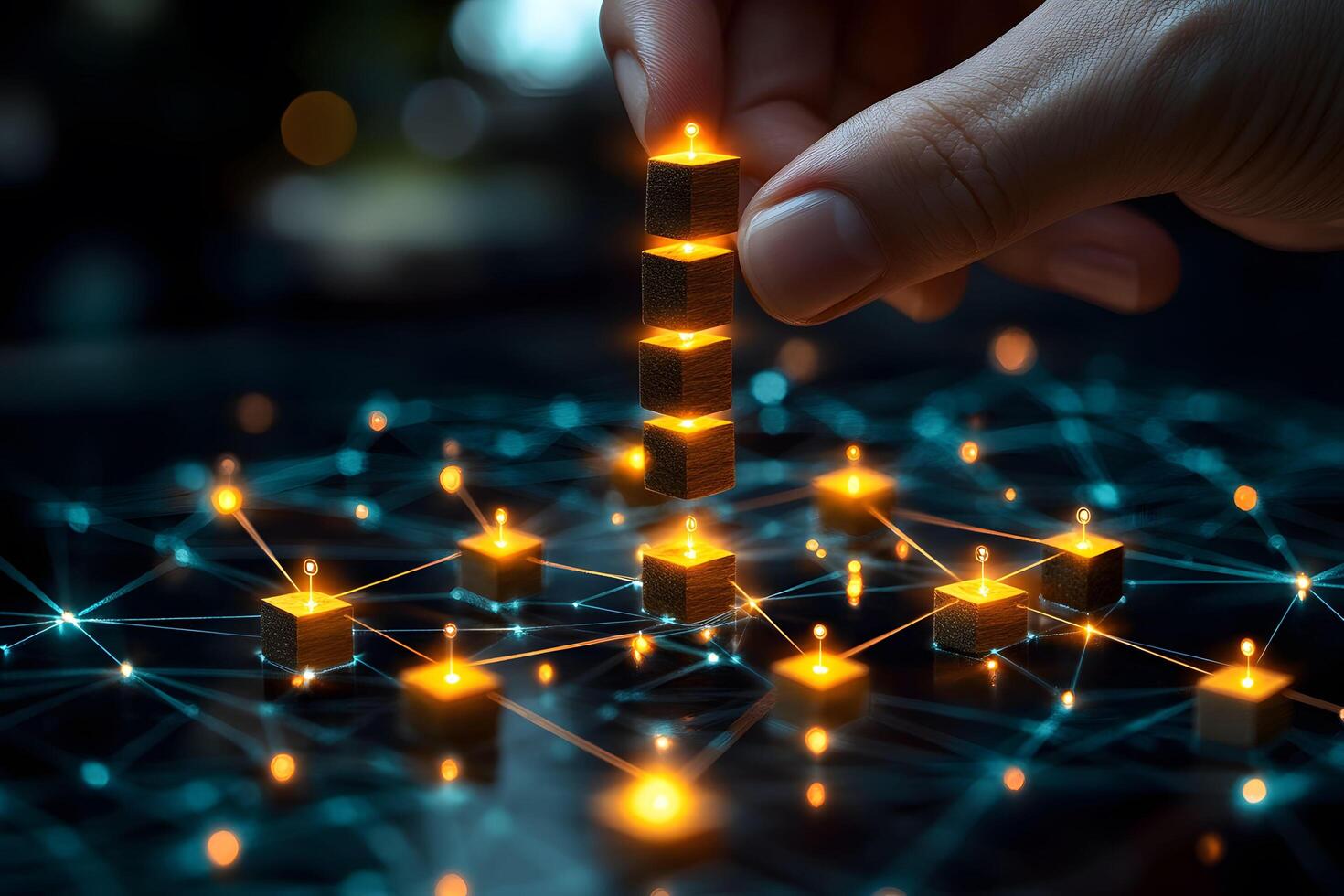 Digital Network Innovation Illuminated Data Blocks on a Technological Grid photo