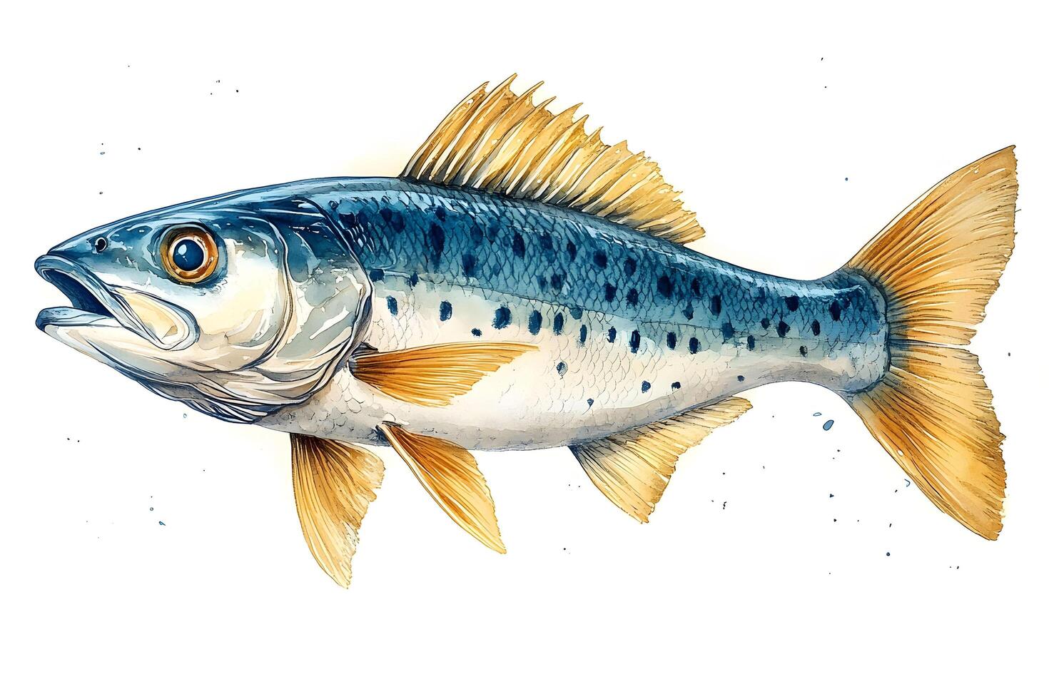 Realistic Watercolor Illustration of a Fish with Blue and Gold Details for Art and Design photo