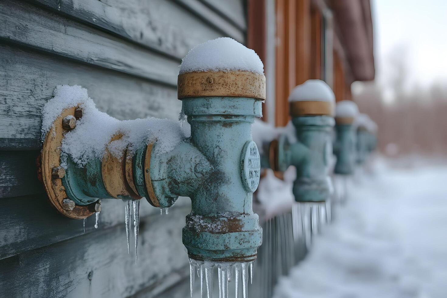 Winter Frozen Industrial Pipes with Snow and Icicles photo