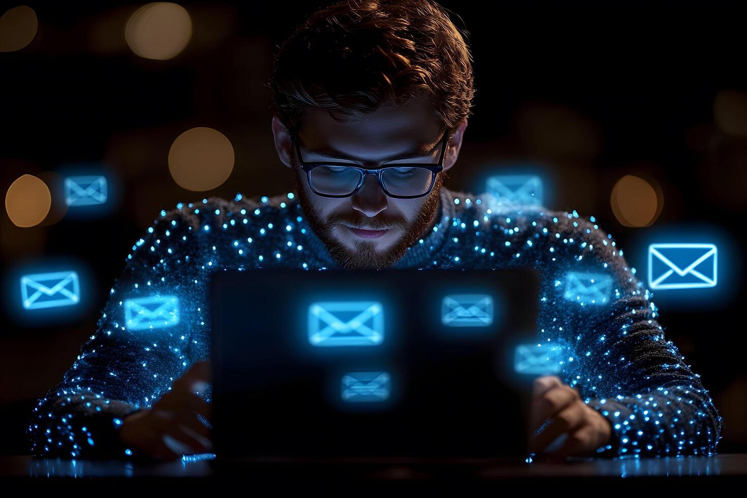 Digital Communication Concept with Man Using Laptop and Floating Email Icons photo