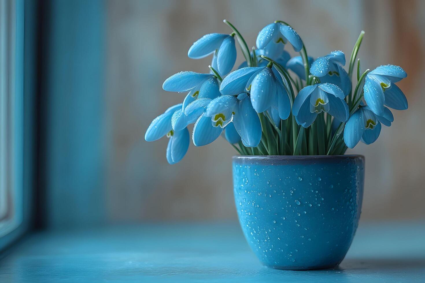 Elegant Blue Flowers in Dew-Kissed Pot for Home Decor and Serenity photo