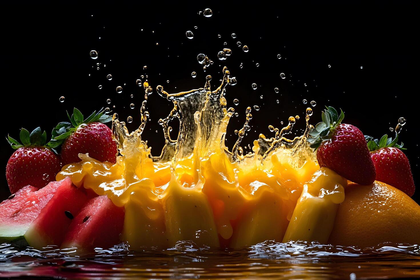 Refreshing Fruit Splash with Strawberries, Watermelon, Pineapple, and Orange on Black Background photo