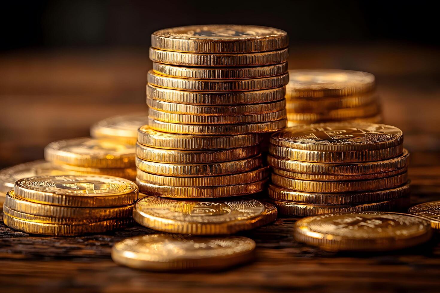 Stacks of Golden Bitcoin Coins Representing Cryptocurrency Growth and Wealth photo