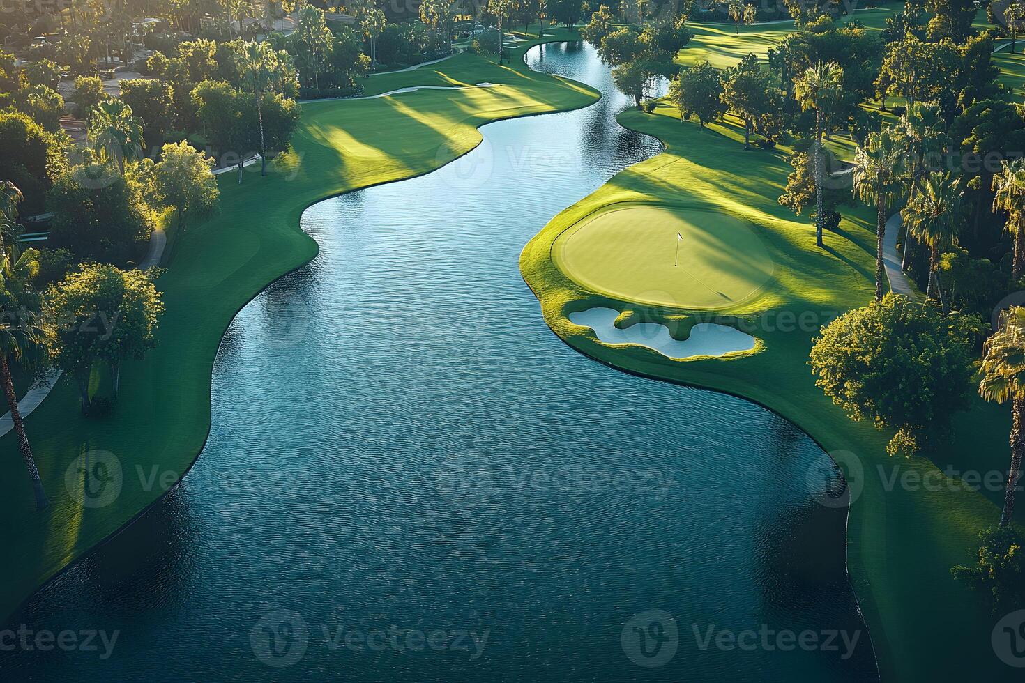 Scenic Aerial View of a Beautiful Golf Course with Lush Greenery and Serene Waterways photo