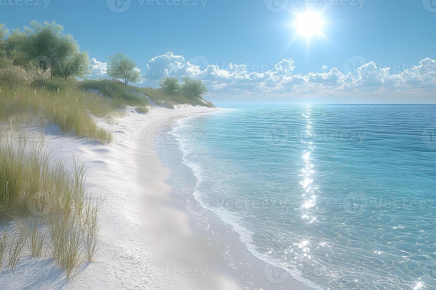Tranquil Beach Scene with Clear Blue Waters and Sandy Shoreline photo