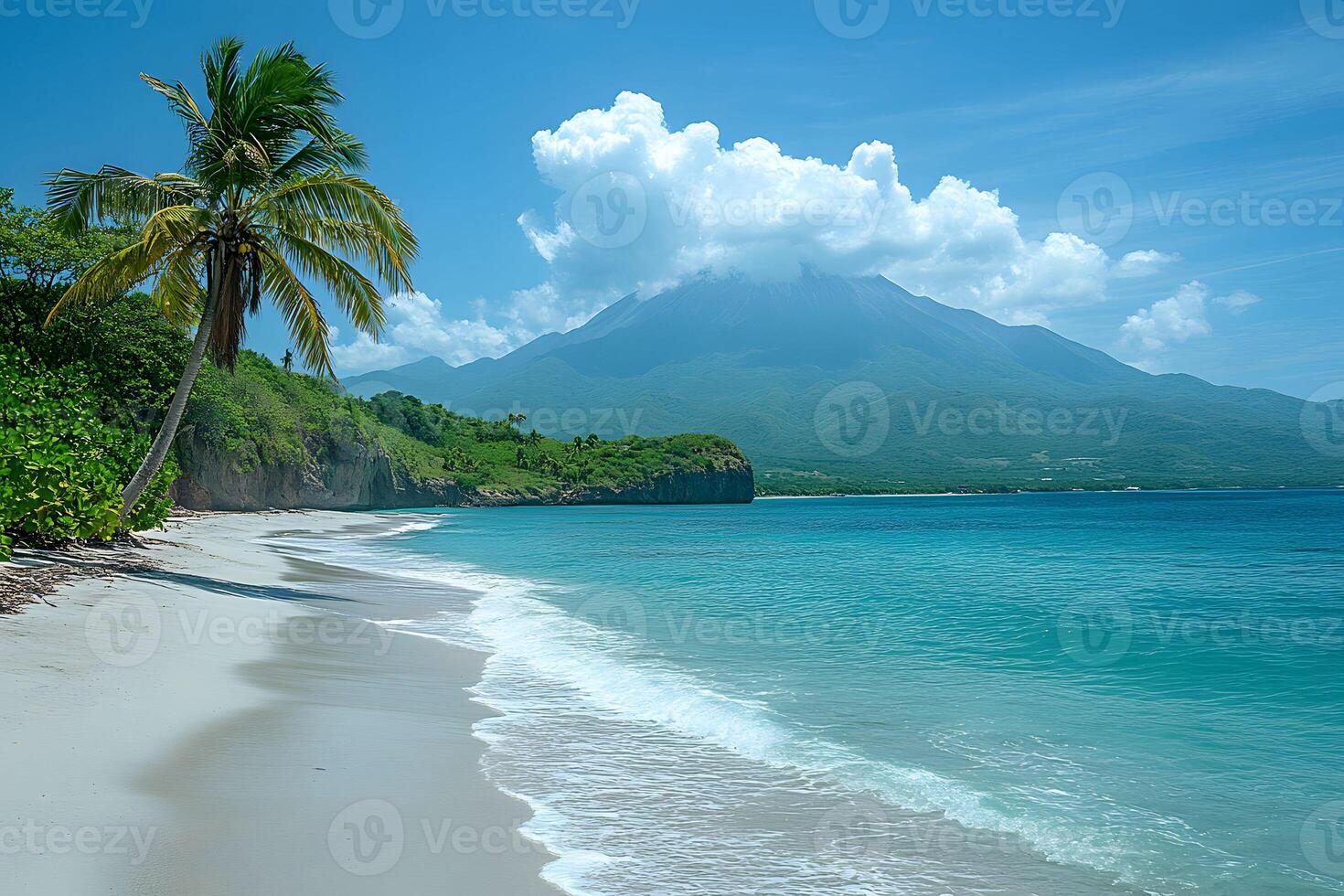 Tropical Paradise Beach with Palm Trees and Volcanic Mountain View photo