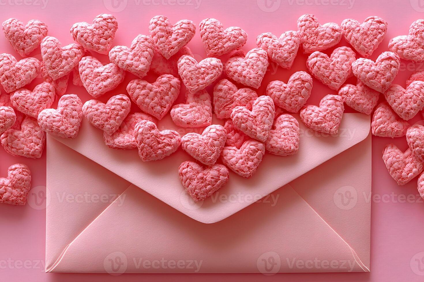Pink Heart-Shaped Treats Overflowing from Envelope - Valentine's Day Card Concept photo