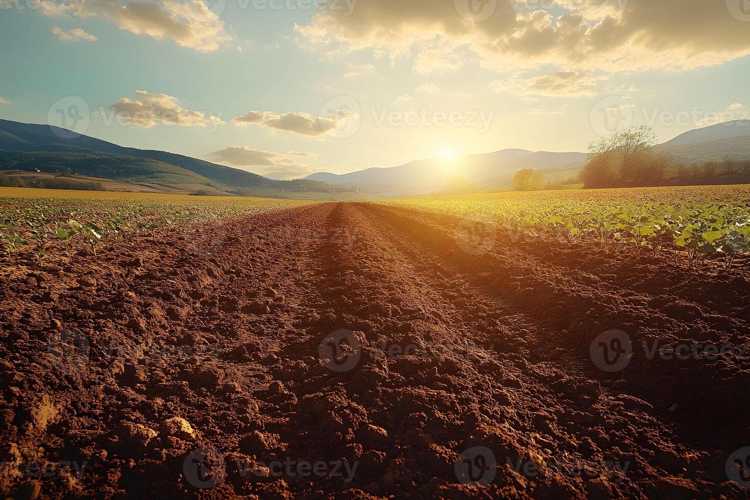 Sunset Over Plowed Farmland with Lush Fields and Mountain Views photo