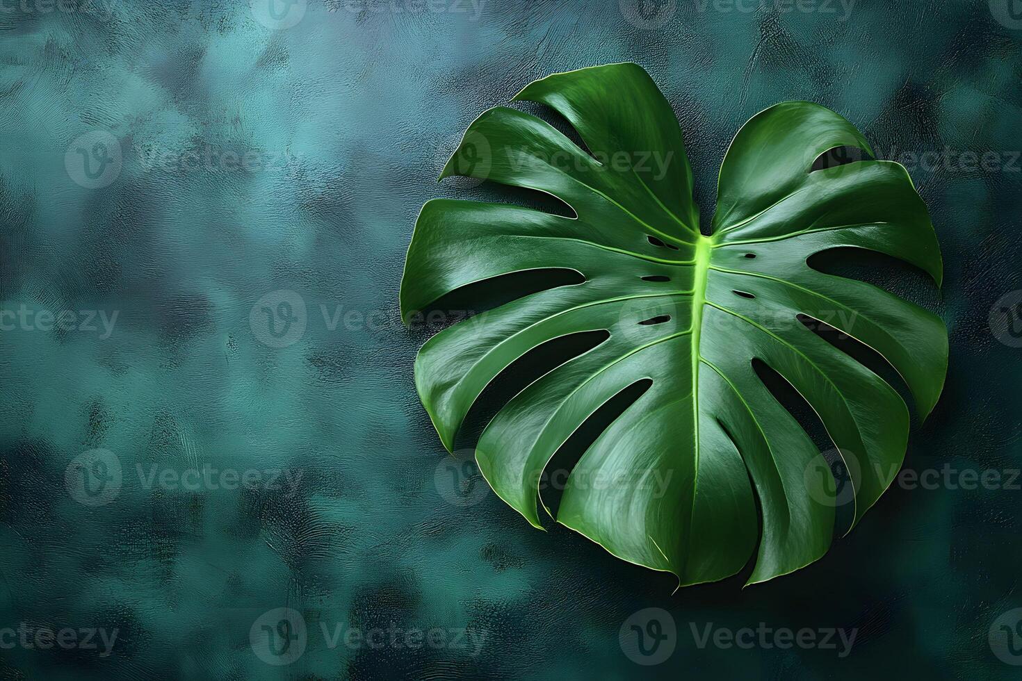 Tropical Monstera Leaf on Dark Teal Background for Botanical Design photo
