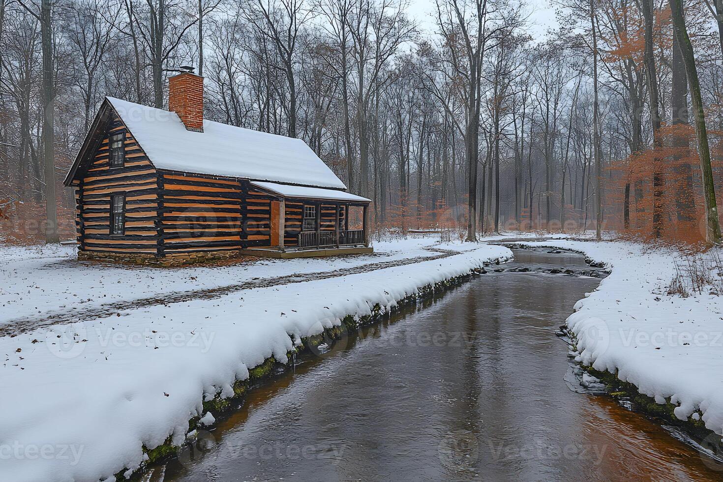 Winter Tranquility Snow-Covered Cabin by a Stream in Serene Forest Setting photo