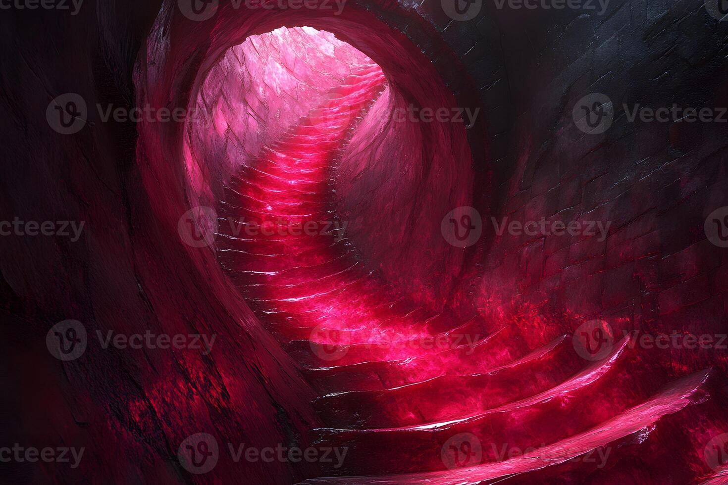 Enchanted Red Spiral Staircase in Mysterious Tunnel for Fantasy Design and Concepts photo