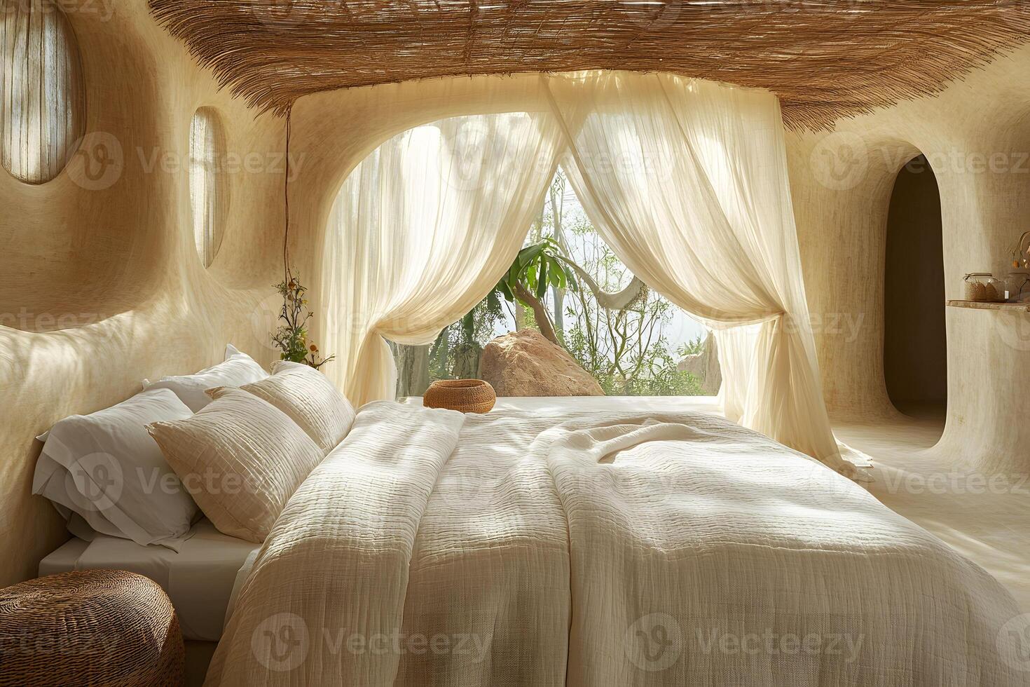 Serene Rustic Bedroom with Natural Textures and Lighting in Earthy Tones photo