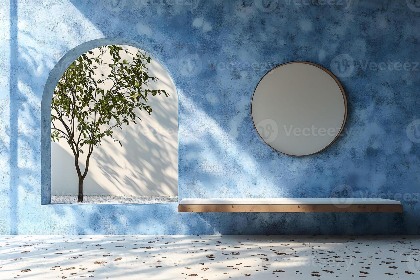 Minimalist Mediterranean Architecture with Tree and Circular Mirror photo