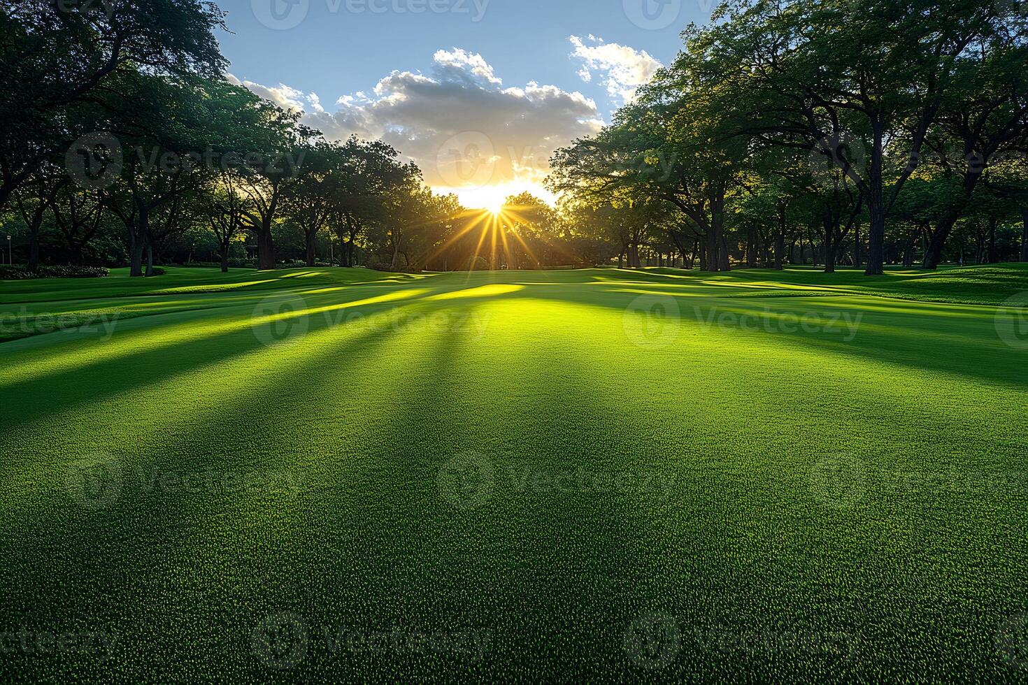 Sunset Serenity Lush Green Golf Course Landscape for Nature and Leisure Themes photo