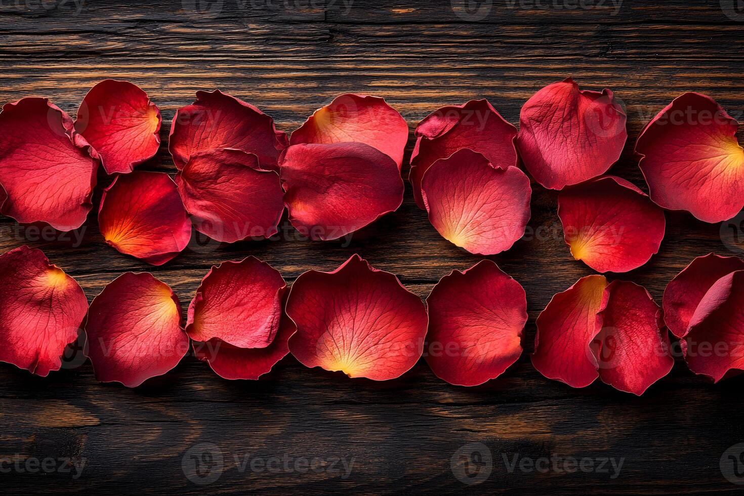 Elegant Arrangement of Red Rose Petals on Rustic Wooden Background for Romantic Decor photo