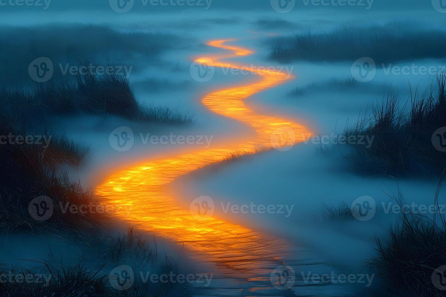 Mystical Glowing Pathway in Foggy Marshland - Surreal Landscape for Art and Design photo