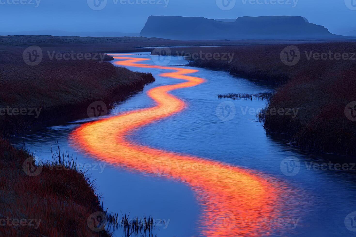 Serene Twilight River Reflection in Majestic Landscape for Nature Art or Decor photo