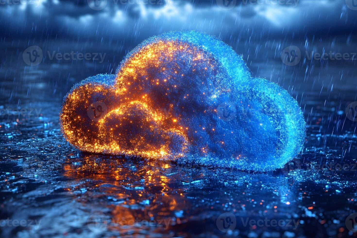 Futuristic Cloud Computing Concept with Glowing Lights in Rainy Atmosphere photo