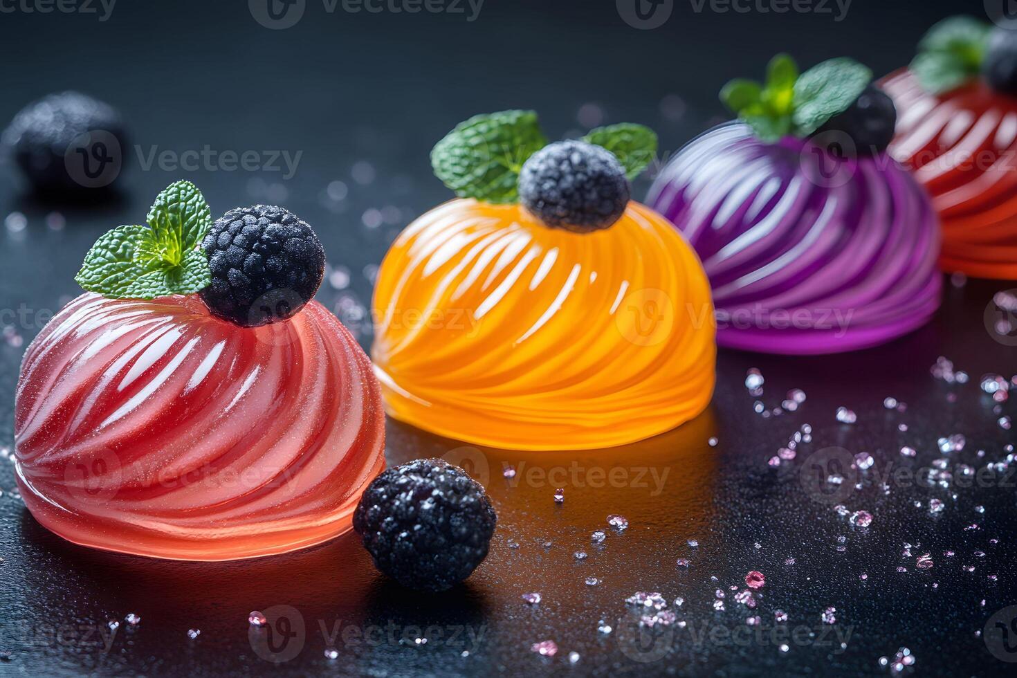 Colorful Gelatin Desserts with Blackberries and Mint on Textured Surface photo