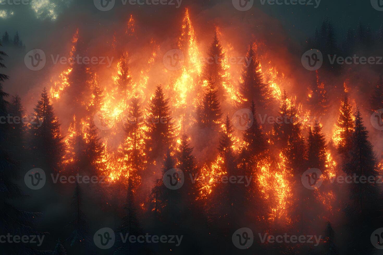Intense Forest Fire in Dense Woodland - Environmental Impact and Nature Conservation photo
