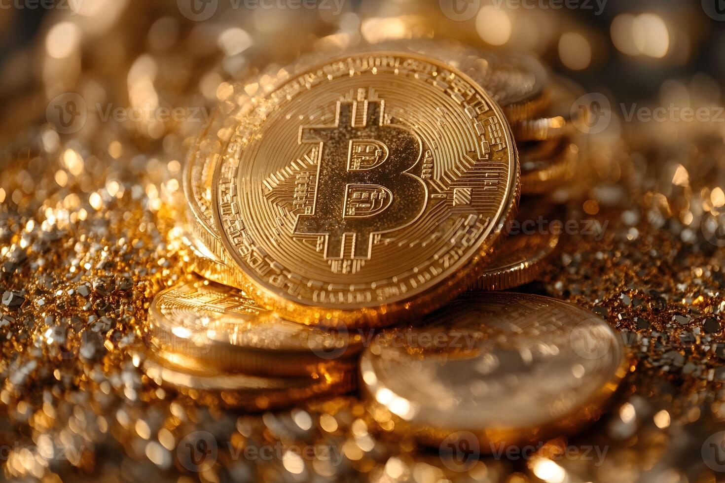 Digital Currency Golden Bitcoin Stack on Glittering Surface for Finance and Technology Concepts photo