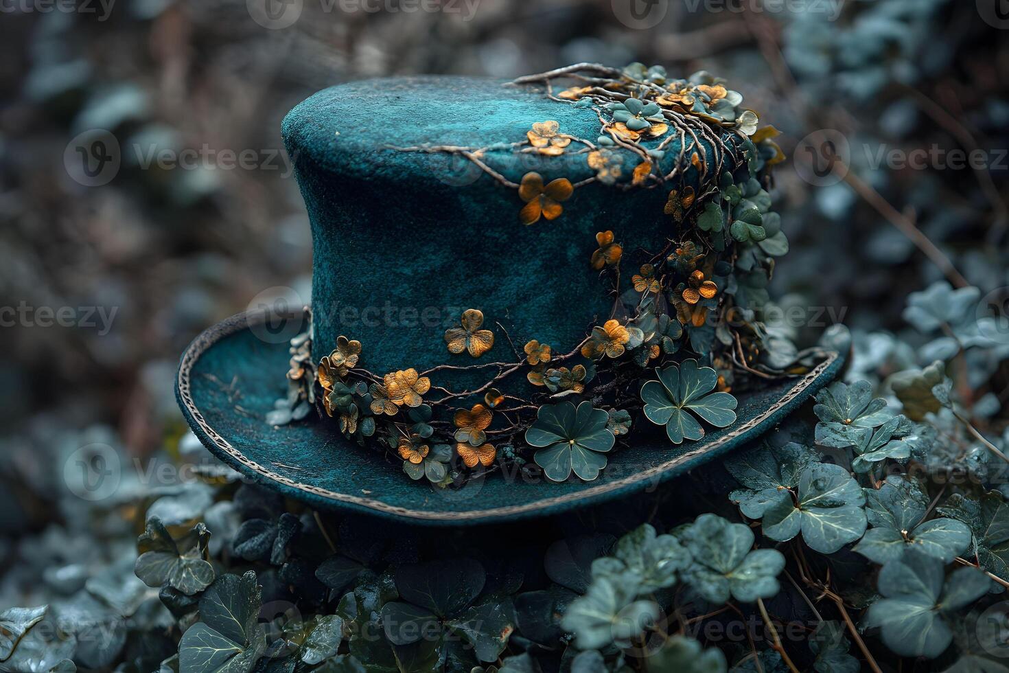 Enchanted Green Top Hat with Clover and Floral Accents in Lush Foliage photo