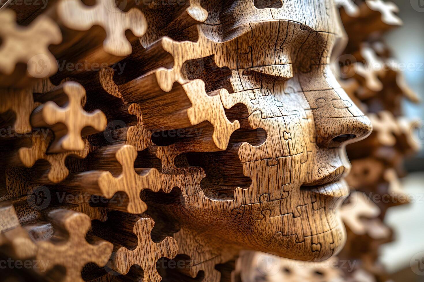 Intricate Wooden Puzzle Art Abstract Human Face Concept for Creative Design photo