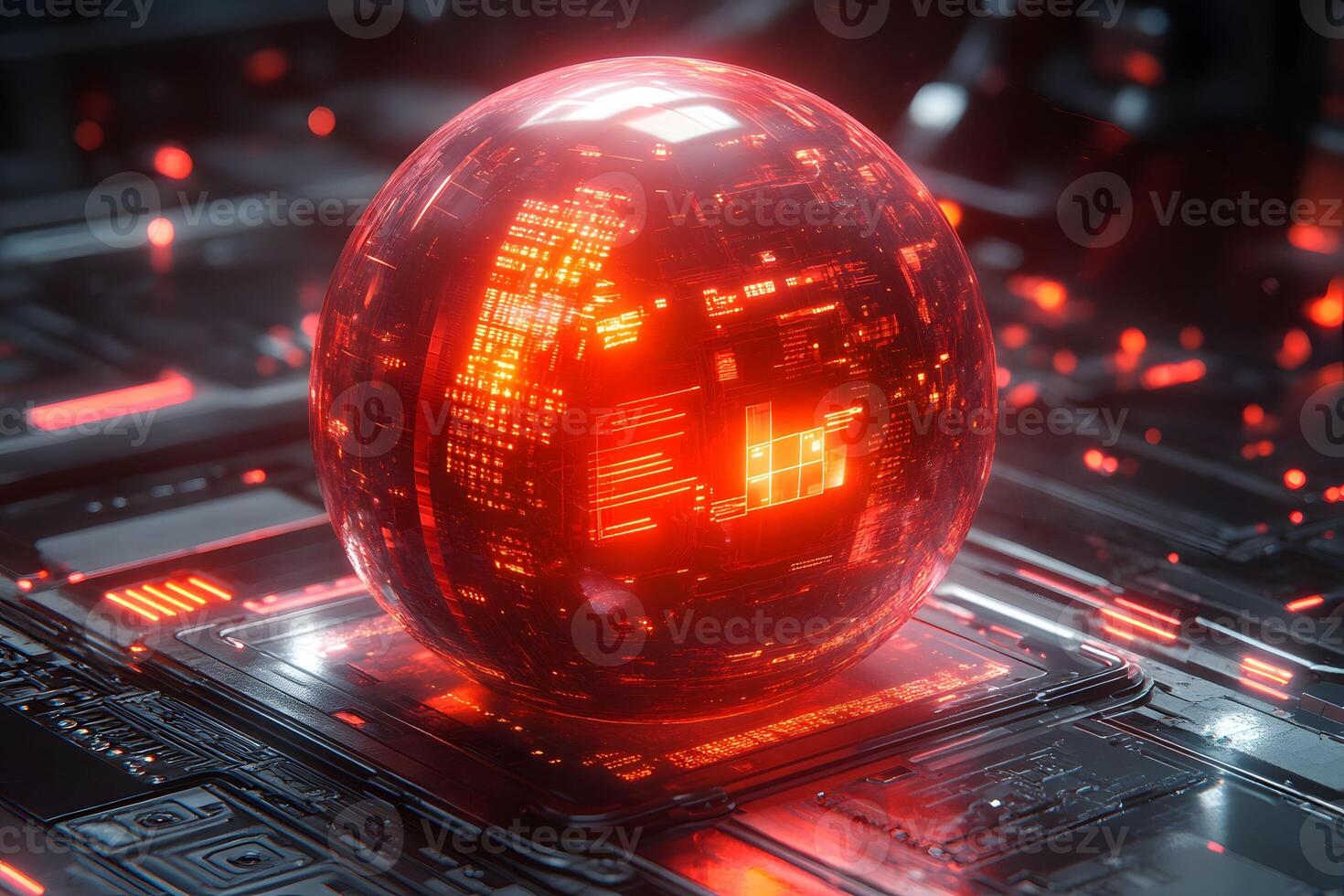 Futuristic Technology Concept with Glowing Red Digital Sphere in High-Tech Environment photo