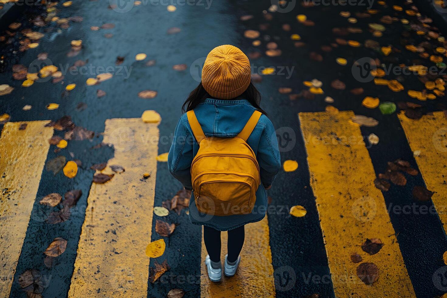 Autumn Stroll Person with Yellow Backpack Crossing a Leaf-Covered Crosswalk photo