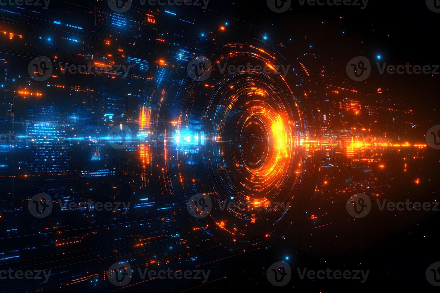 Futuristic Digital Interface with Glowing Orange and Blue Holographic Elements photo