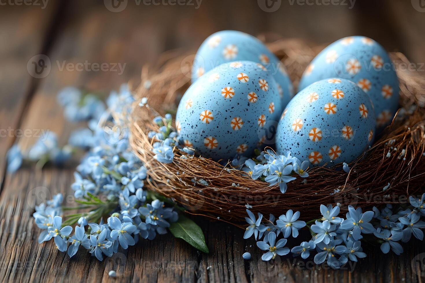 Easter Celebration with Decorated Eggs and Spring Flowers in Nest Setting for Festive Design photo