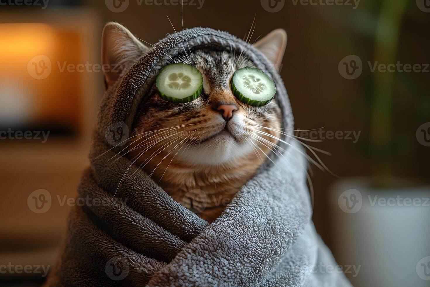 Spa Day for Cats Relaxed Feline with Cucumber Slices in Cozy Towel Wrap photo