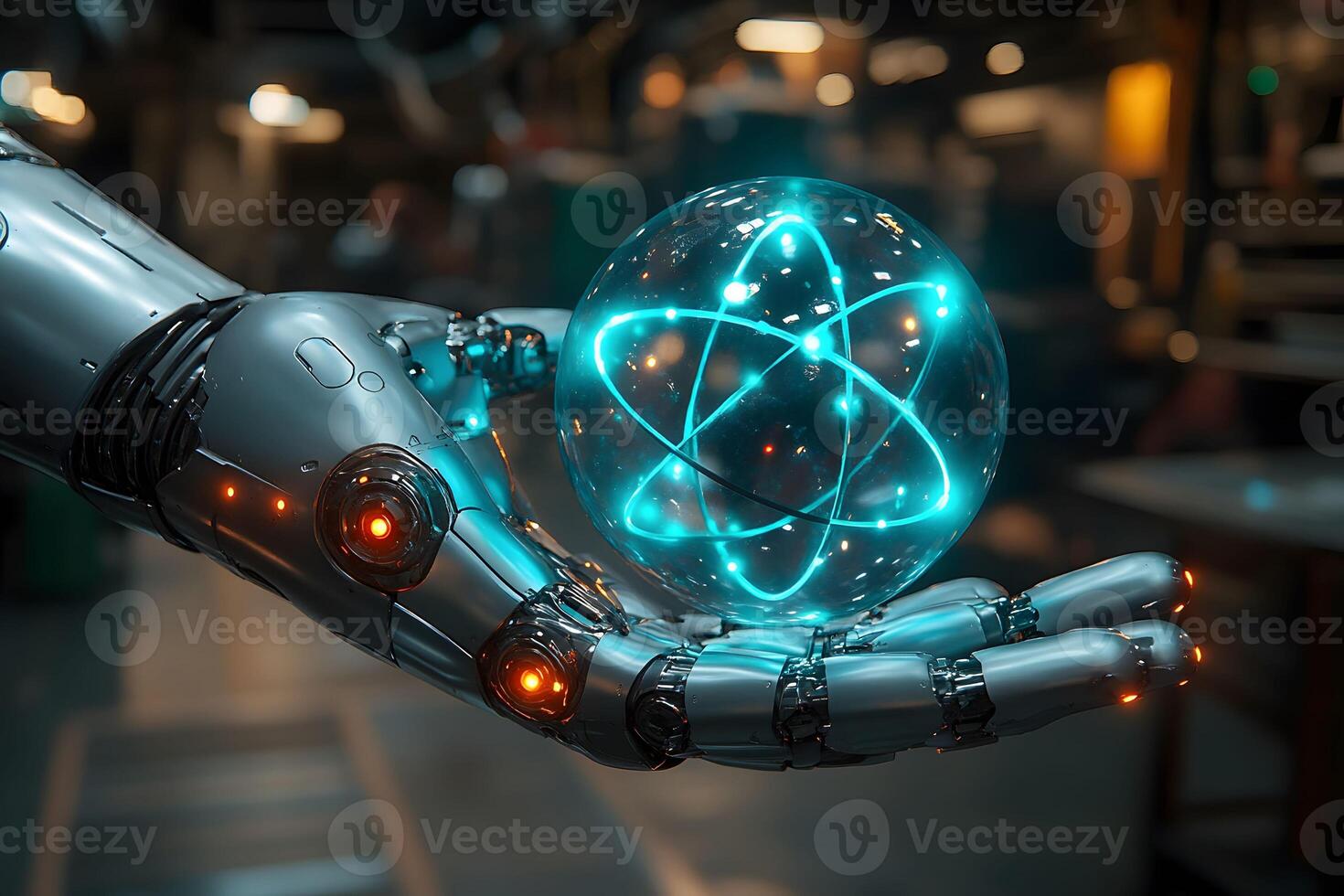 Futuristic Robot Hand Holding Glowing Atomic Structure in Sci-Fi Setting for Technology Concept photo