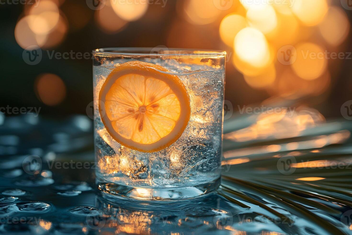 Refreshing Summer Cocktail with Lemon Slice at Sunset for Beverage Design photo