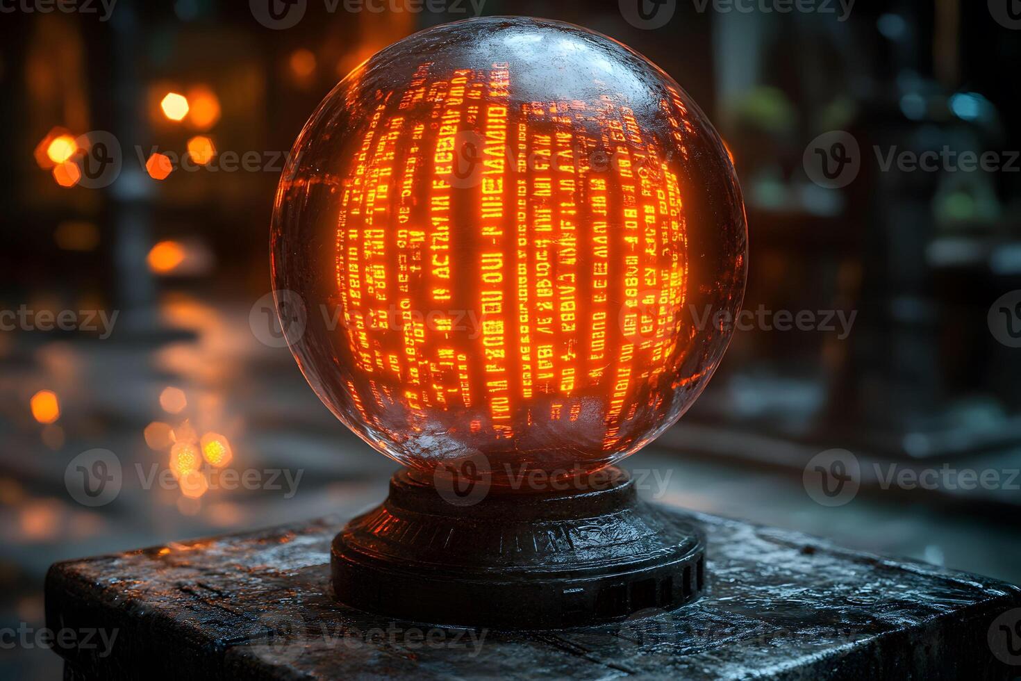 Futuristic Data Sphere with Glowing Orange Text for Cybersecurity and Technology Concepts photo