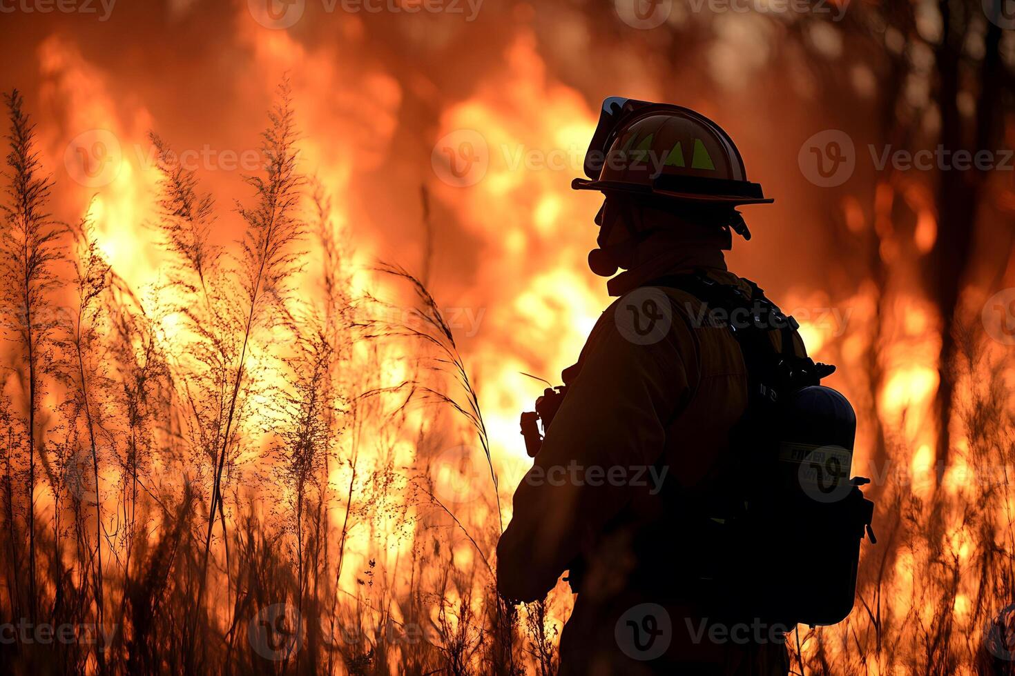 Firefighter Battling Intense Wildfire in Woodland Setting for Emergency Response and Safety Awareness photo