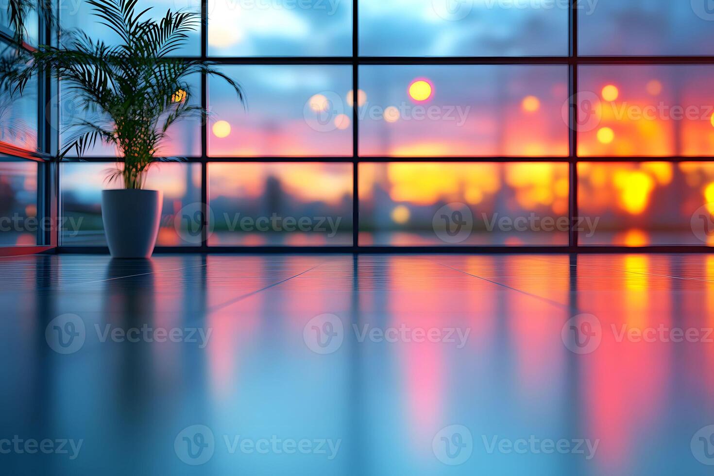 Serene Sunset Reflections in Modern Glass Interior with Potted Plant photo