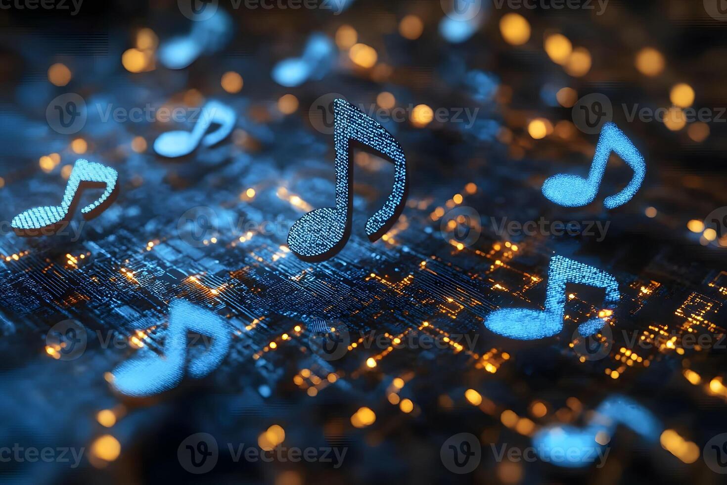 Digital Music Innovation Concept with Glowing Musical Notes in Cyberspace Design photo