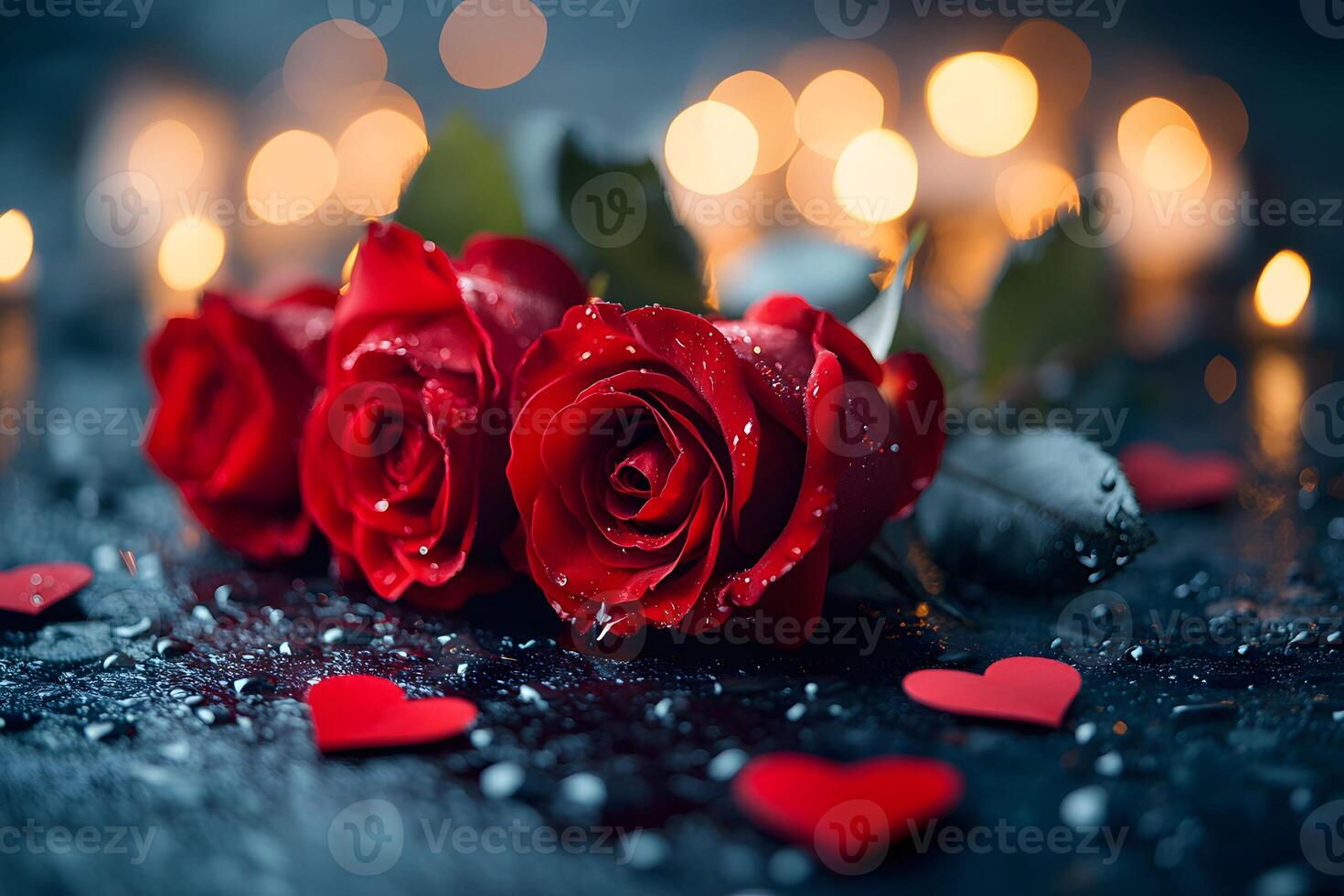 Romantic Red Roses with Candlelight Bokeh for Valentine's Day Card Design photo