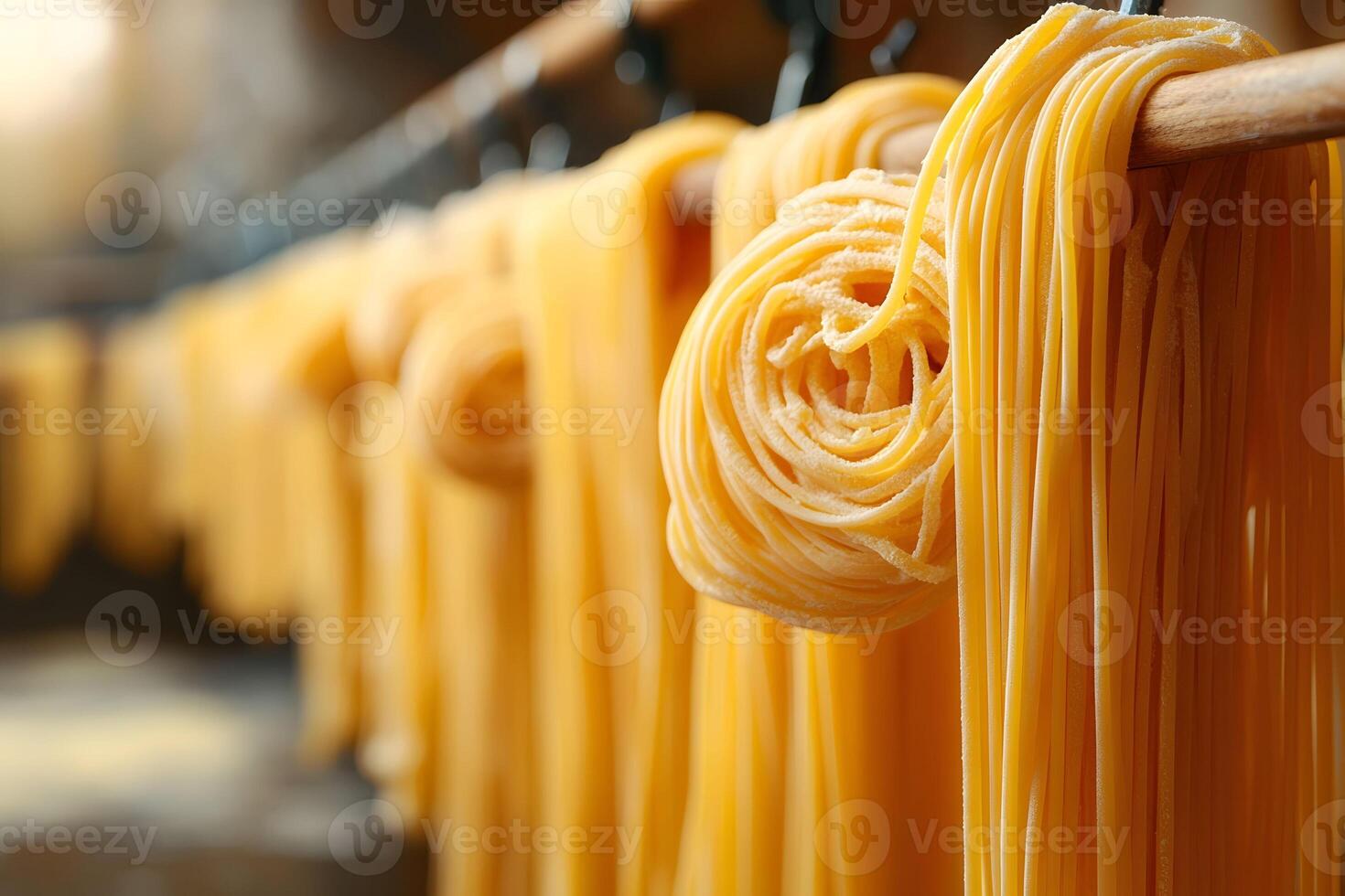 Freshly Made Pasta Drying on Wooden Racks in Artisan Italian Kitchen photo