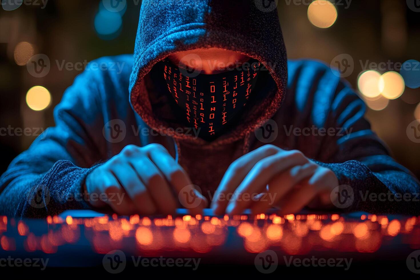 Cybersecurity Threat Concept with Hooded Hacker in Dim Lighting photo