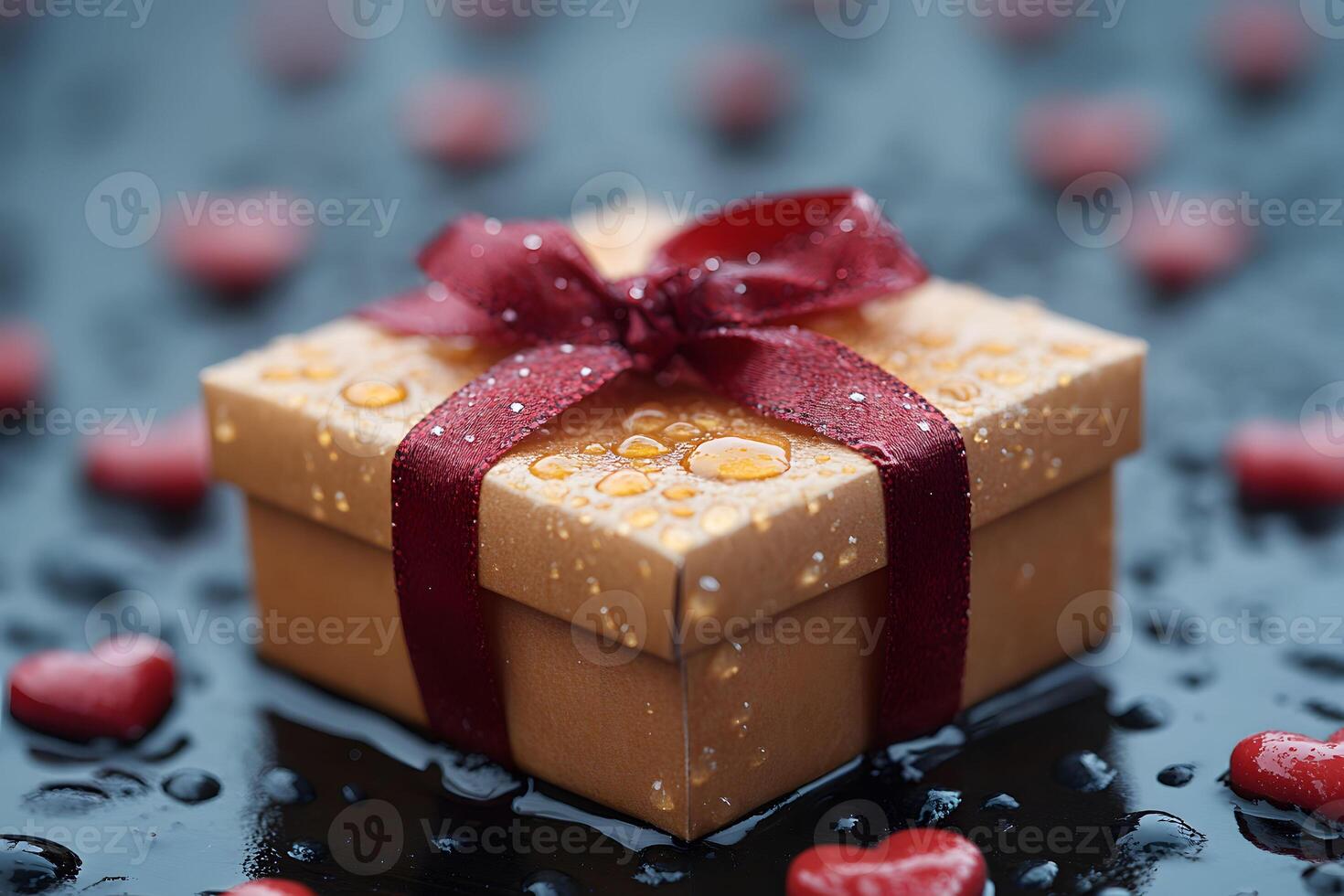 Romantic Valentine's Gift Box with Red Ribbon and Heart Decorations on Wet Surface photo