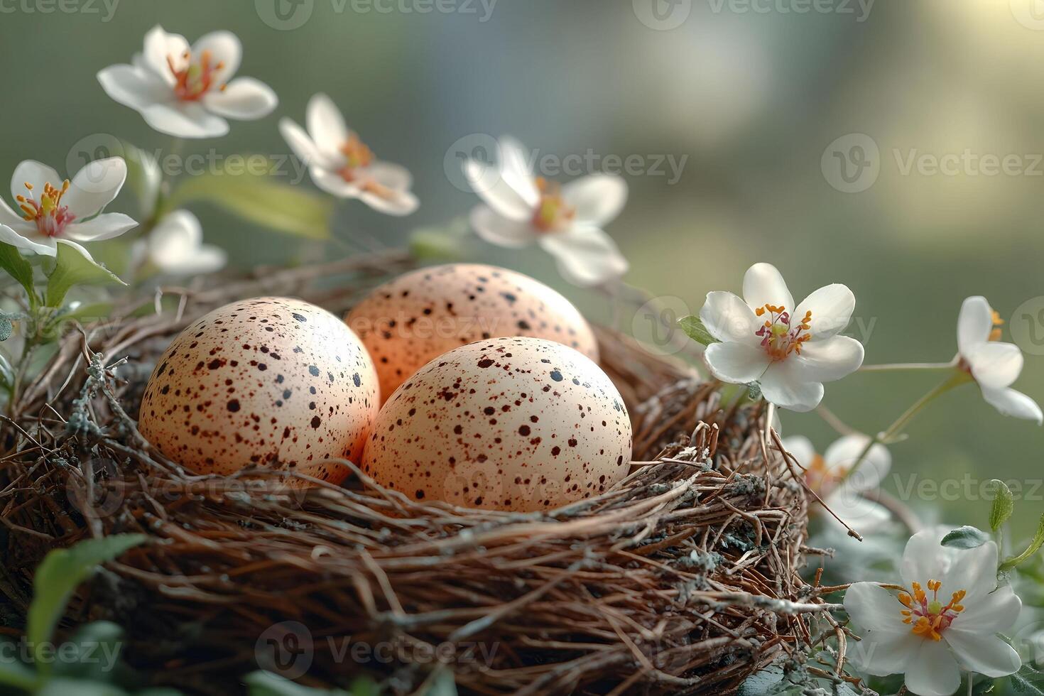 Springtime Harmony Speckled Eggs in a Nest Surrounded by Blossoms for Easter Decor photo