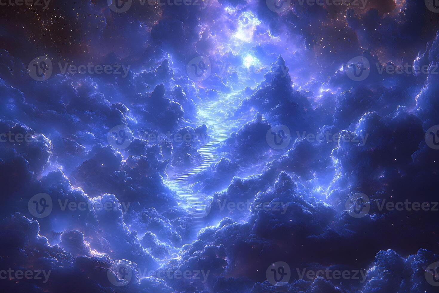 Heavenly Celestial Dreamscape with Ethereal Blue Clouds and Stairway to the Stars photo