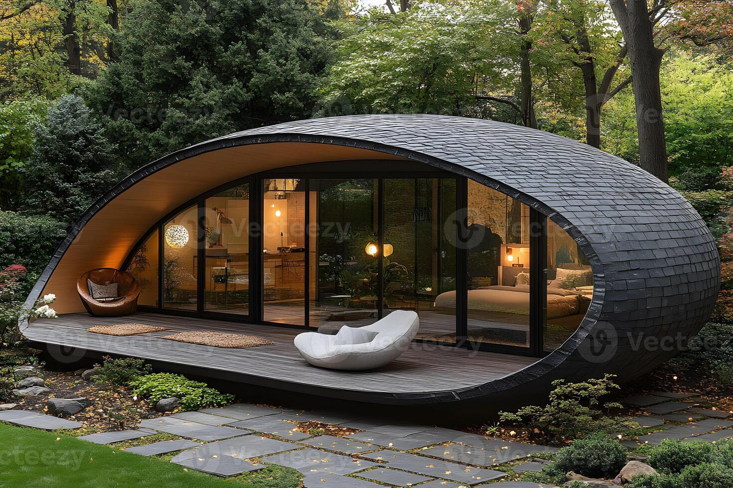 Modern Eco-Friendly Tiny Home in Lush Forest Setting Surrounded by Nature photo