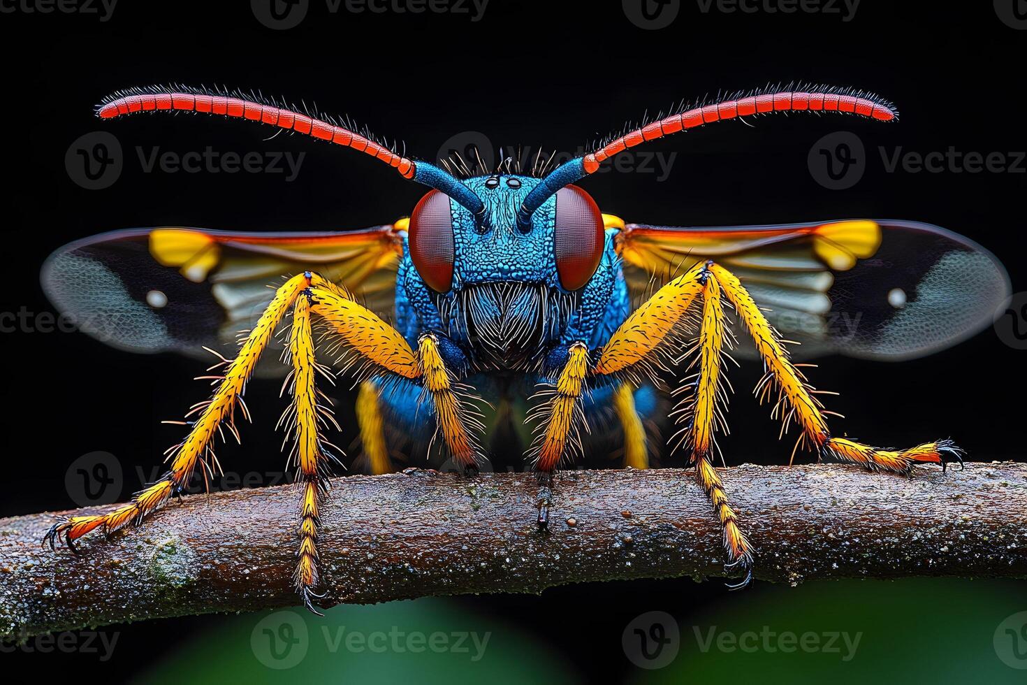 Vivid Macro Shot of Colorful Wasp on Branch - Nature and Entomology Photography photo